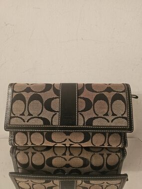 Coach Signature Canvas Fold-Over Wallet in Brown and Black